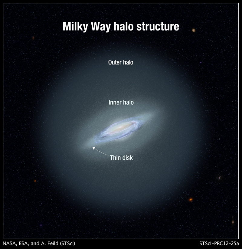 The halo of the Milky Way is the diffuse outer region surrounding the disk, where we live along with most of the gas, dust, and stars in the Galaxy. Although it contains only about 1% of the stars in our Galaxy, the halo gives us vital clues about how the Milky Way has grown and evolved. (Image from [Hubblesite](http://hubblesite.org/image/3051).)